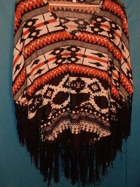 Tyche Aztec Fringe Poncho in Black, White & Rust